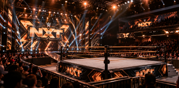 WWE NXT wrestling arena with an empty ring, illuminated stage, and cheering crowd